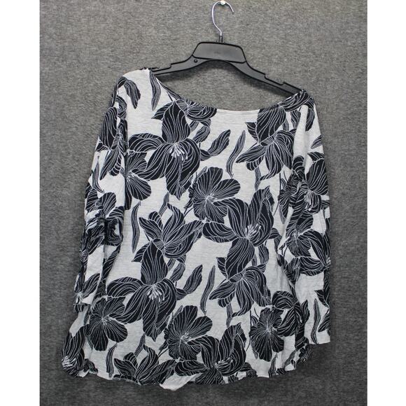 Tahari Linen Top 2X Floral White Black 3/4 Sleeve Popover - Picture 2 of 4